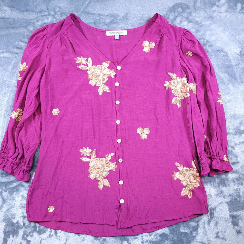 Figueroa & Flower Womens Magenta Purple‎ Gold Floral Embroidered Blouse Small